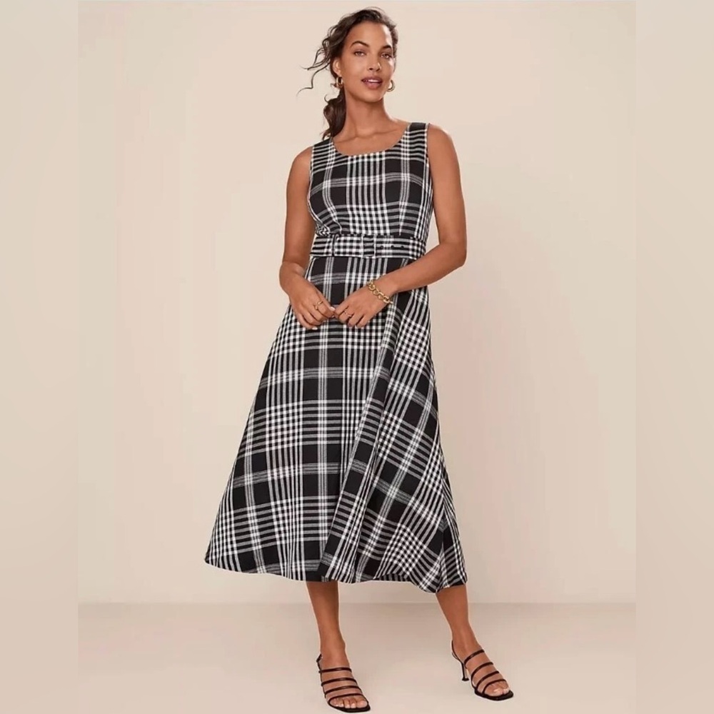 Ann Taylor Black White Linen Blend Midi Dress Belted Flare Size 8 NWT